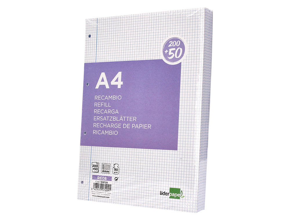 RECAMBIO LIDERPAPEL A4 200+50 HOJAS 90G/M2 CUADRO 4MM CON MARGEN 4 TALADROS