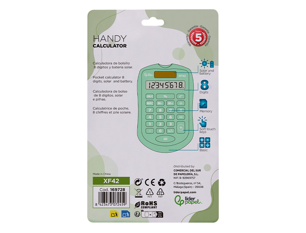 CALCULADORA LIDERPAPEL BOLSILLO XF42 8 DIGITOS SOLAR Y PILAS COLOR VERDE 94X59,5X10,5MM