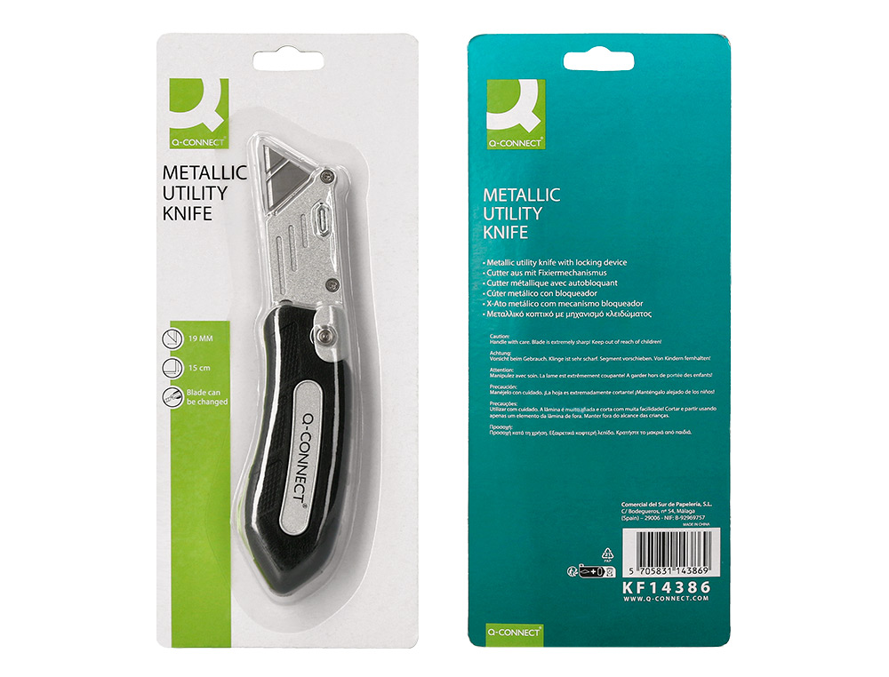 CUTER Q-CONNECT METALICO ANCHO PLEGABLE CON MANGO ANTIDESLIZANTE CUCHILLA 19 MM XD-925 CONCLIP BLISTER 1 UNIDAD