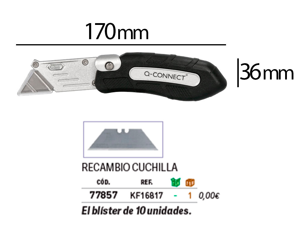 CUTER Q-CONNECT METALICO ANCHO PLEGABLE CON MANGO ANTIDESLIZANTE CUCHILLA 19 MM XD-925 CONCLIP BLISTER 1 UNIDAD