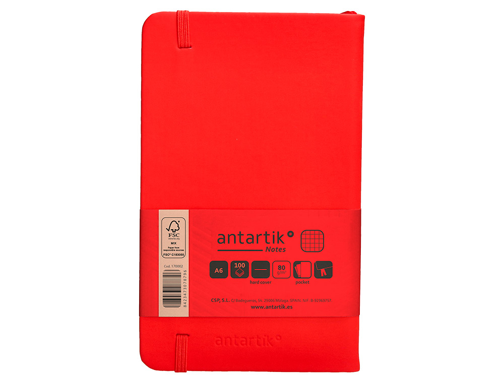CUADERNO CON GOMILLA ANTARTIK NOTES TAPA DURA A6 HOJAS CUADRICULA ROJO 100 HOJAS 80 GR FSC
