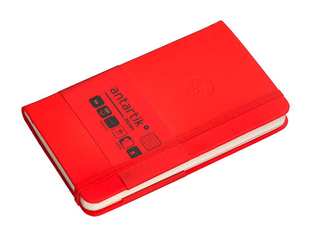 CUADERNO CON GOMILLA ANTARTIK NOTES TAPA DURA A6 HOJAS CUADRICULA ROJO 100 HOJAS 80 GR FSC