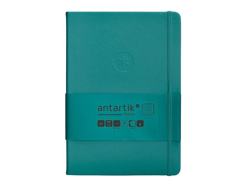 CUADERNO CON GOMILLA ANTARTIK NOTES TAPA DURA A5 HOJAS CUADRICULA VERDE AGUAMARINA 100 HOJAS 80 GR