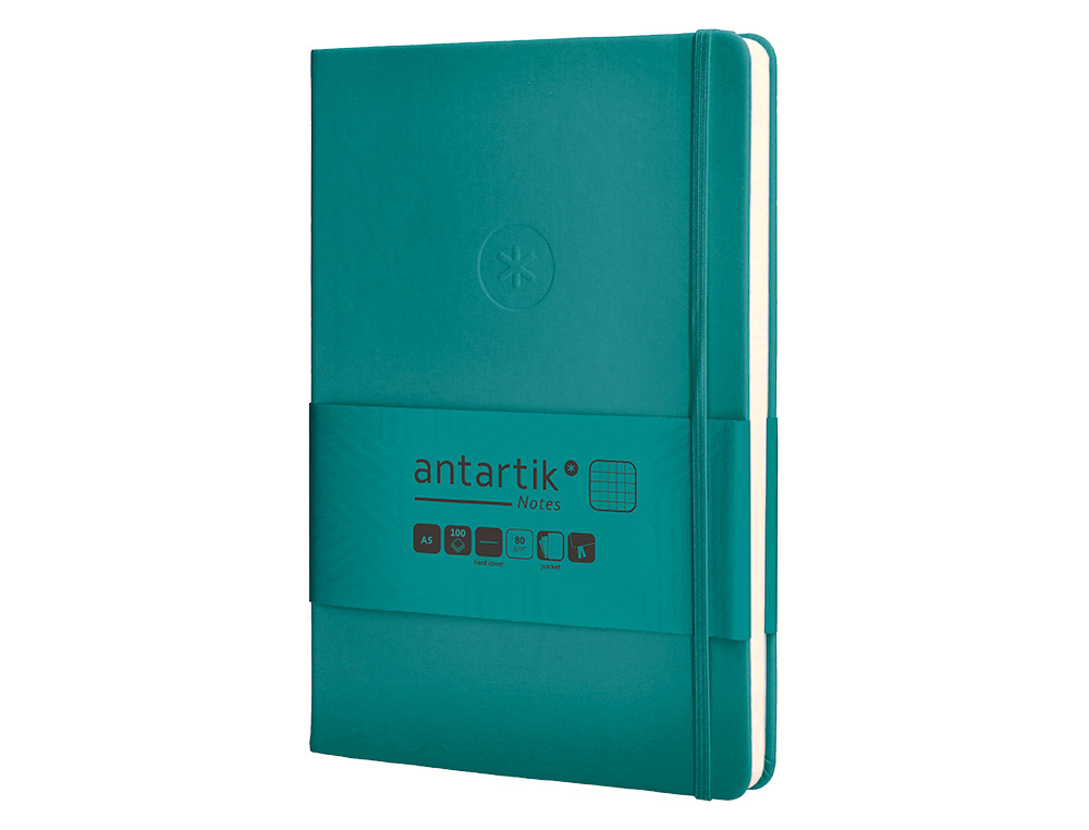 CUADERNO CON GOMILLA ANTARTIK NOTES TAPA DURA A5 HOJAS CUADRICULA VERDE AGUAMARINA 100 HOJAS 80 GR