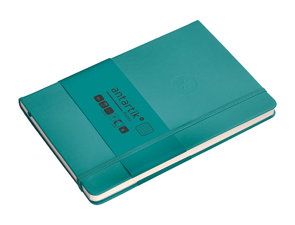 CUADERNO CON GOMILLA ANTARTIK NOTES TAPA DURA A5 HOJAS CUADRICULA VERDE AGUAMARINA 100 HOJAS 80 GR