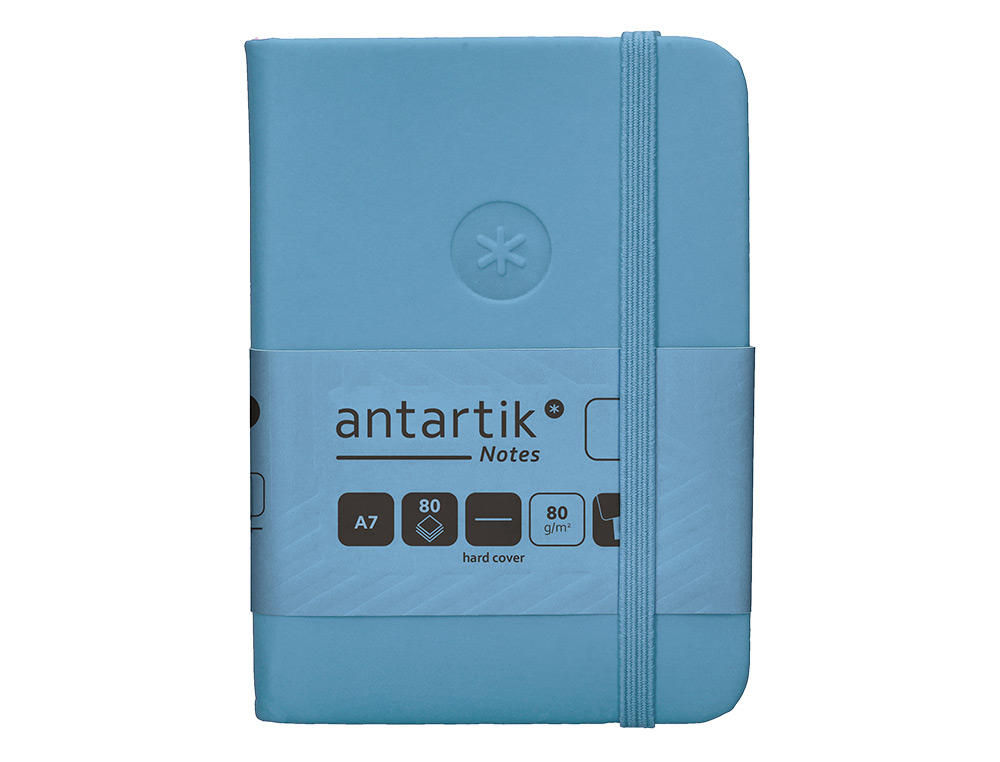 CUADERNO CON GOMILLA ANTARTIK NOTES TAPA DURA A7 HOJAS LISAS AZUL CLARO 80 HOJAS 80 GR FSC