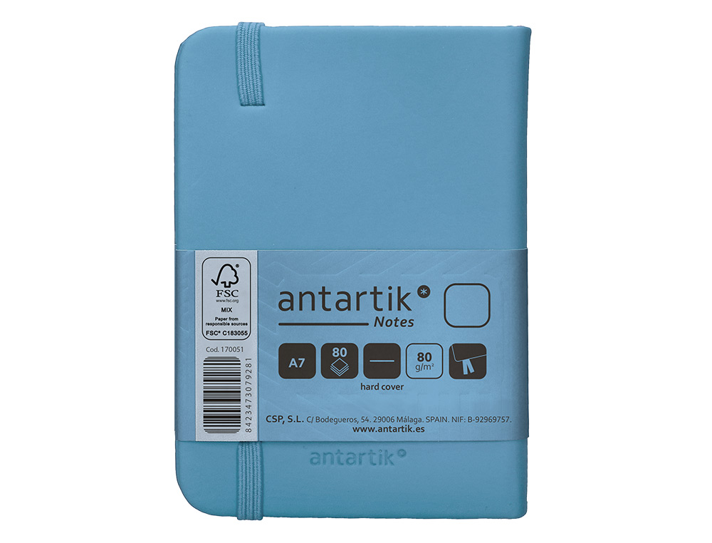 CUADERNO CON GOMILLA ANTARTIK NOTES TAPA DURA A7 HOJAS LISAS AZUL CLARO 80 HOJAS 80 GR FSC