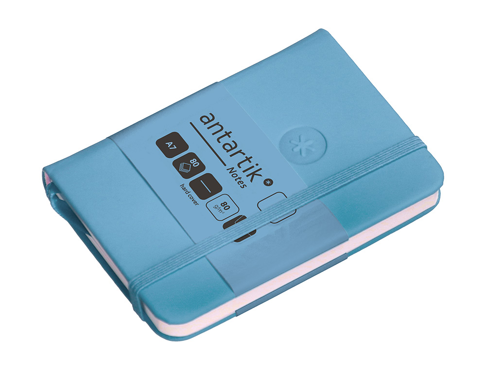 CUADERNO CON GOMILLA ANTARTIK NOTES TAPA DURA A7 HOJAS LISAS AZUL CLARO 80 HOJAS 80 GR FSC