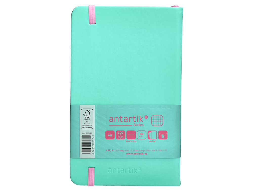 CUADERNO CON GOMILLA ANTARTIK NOTES TAPA DURA A6 HOJAS CUADRICULA ROSA Y TURQUESA 100 HOJAS 80 GR FSC