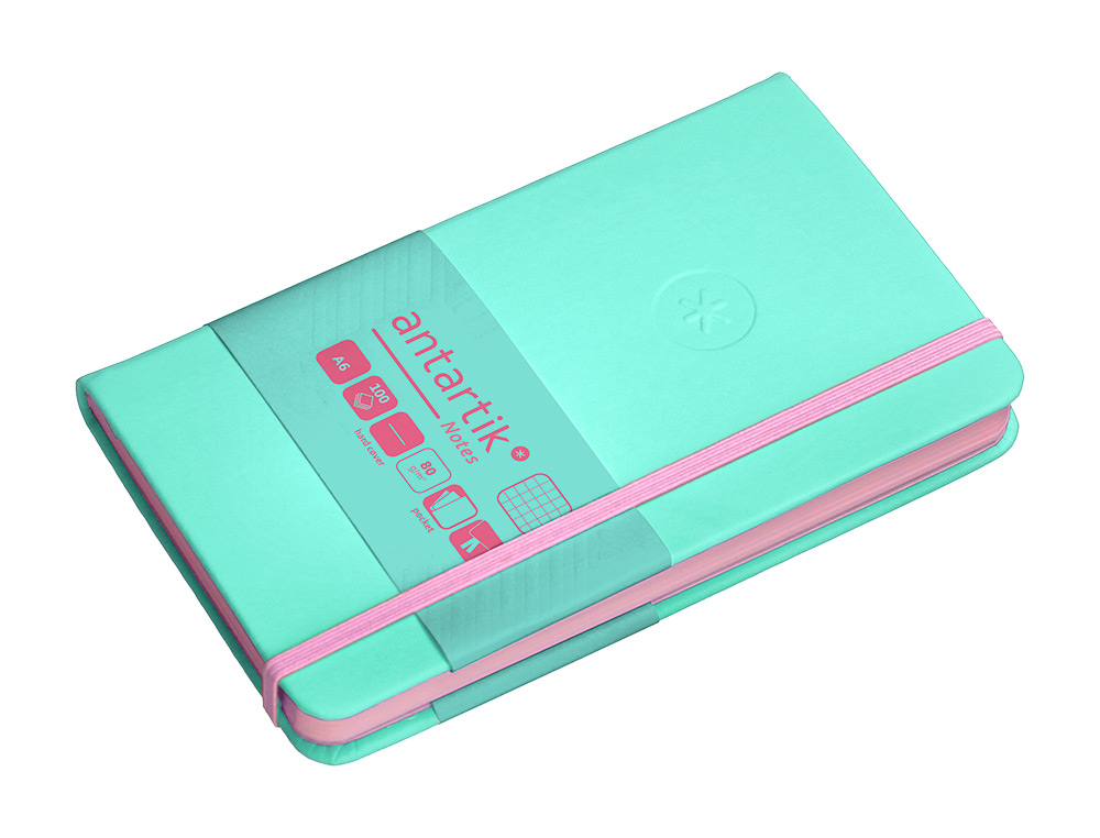 CUADERNO CON GOMILLA ANTARTIK NOTES TAPA DURA A6 HOJAS CUADRICULA ROSA Y TURQUESA 100 HOJAS 80 GR FSC