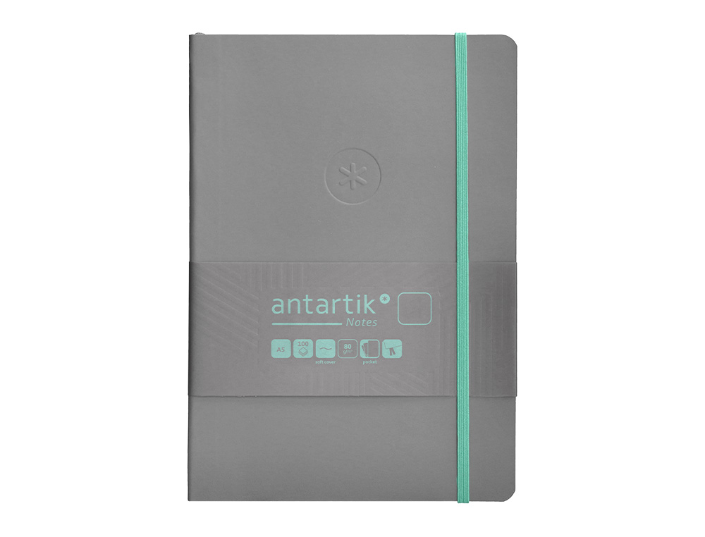 CUADERNO CON GOMILLA ANTARTIK NOTES TAPA BLANDA A5 HOJAS LISAS GRIS Y TURQUESA 80 HOJAS 80 GR FSC
