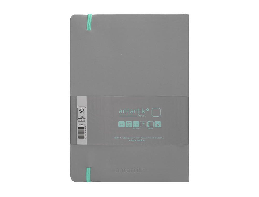 CUADERNO CON GOMILLA ANTARTIK NOTES TAPA BLANDA A5 HOJAS LISAS GRIS Y TURQUESA 80 HOJAS 80 GR FSC