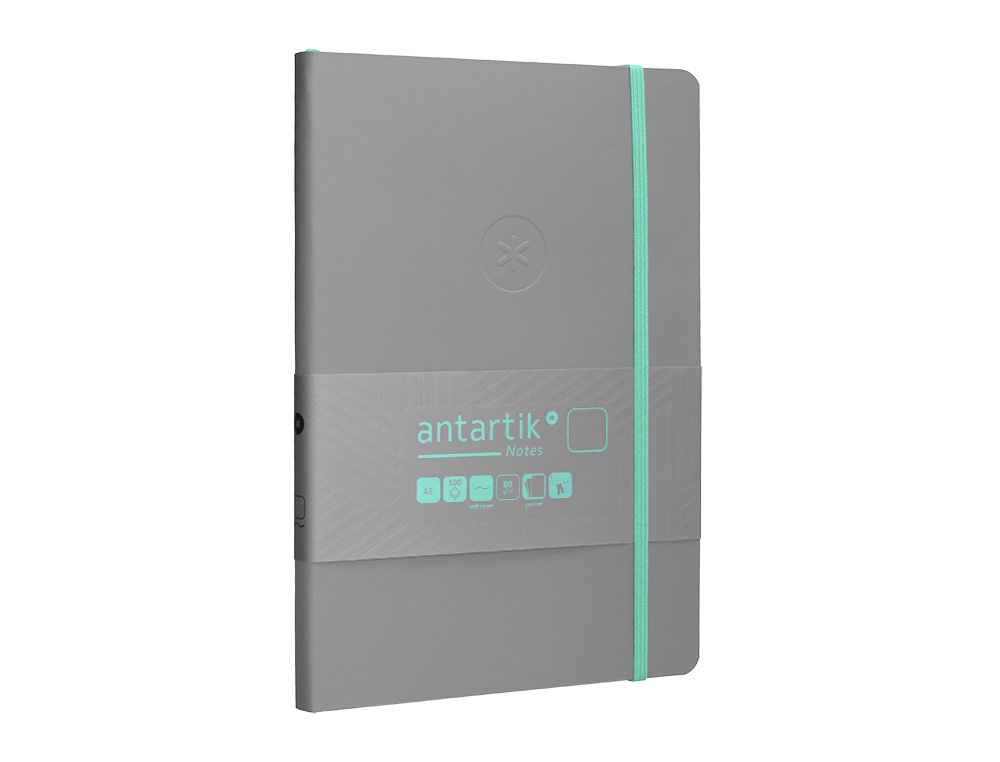 CUADERNO CON GOMILLA ANTARTIK NOTES TAPA BLANDA A5 HOJAS LISAS GRIS Y TURQUESA 80 HOJAS 80 GR FSC