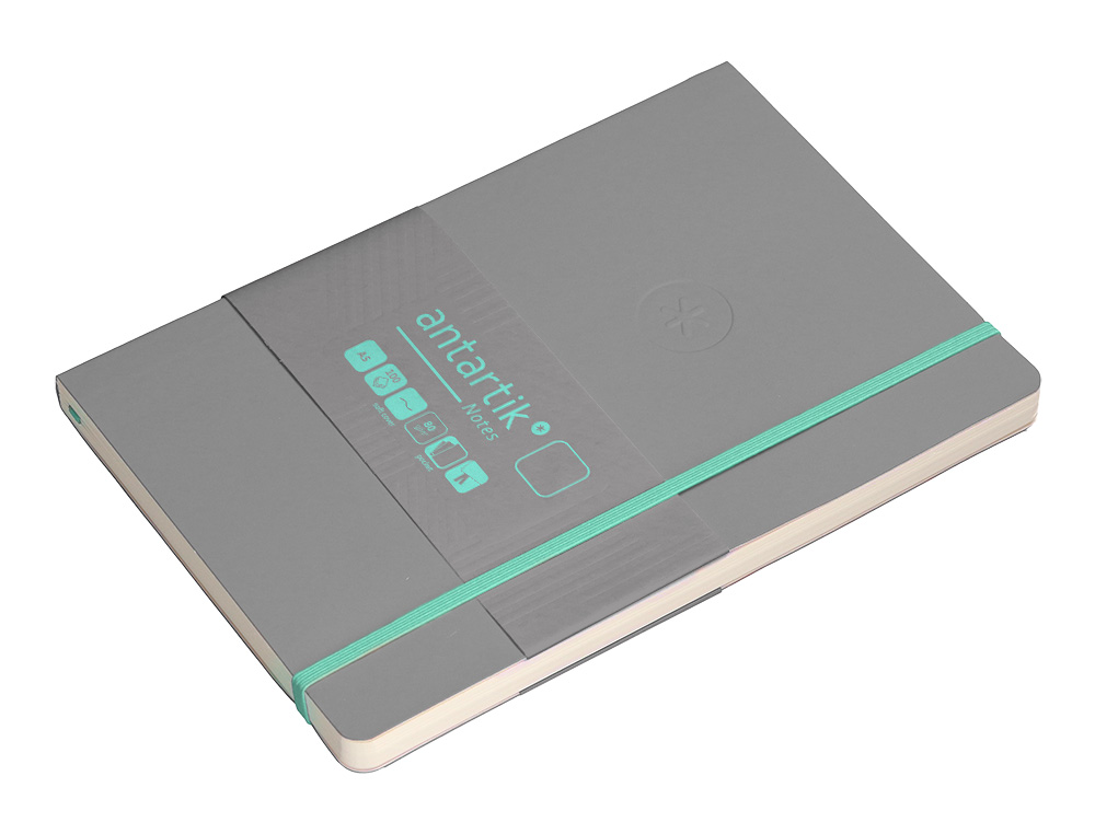 CUADERNO CON GOMILLA ANTARTIK NOTES TAPA BLANDA A5 HOJAS LISAS GRIS Y TURQUESA 80 HOJAS 80 GR FSC