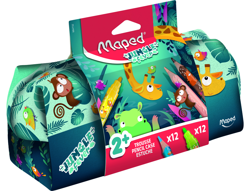 BOLSO ESCOLAR PORTATODO MAPED UNGLE FEVER CON 12 ROTULADORES COLORES SURTIDOS + 12 LAPICES DE COLORES