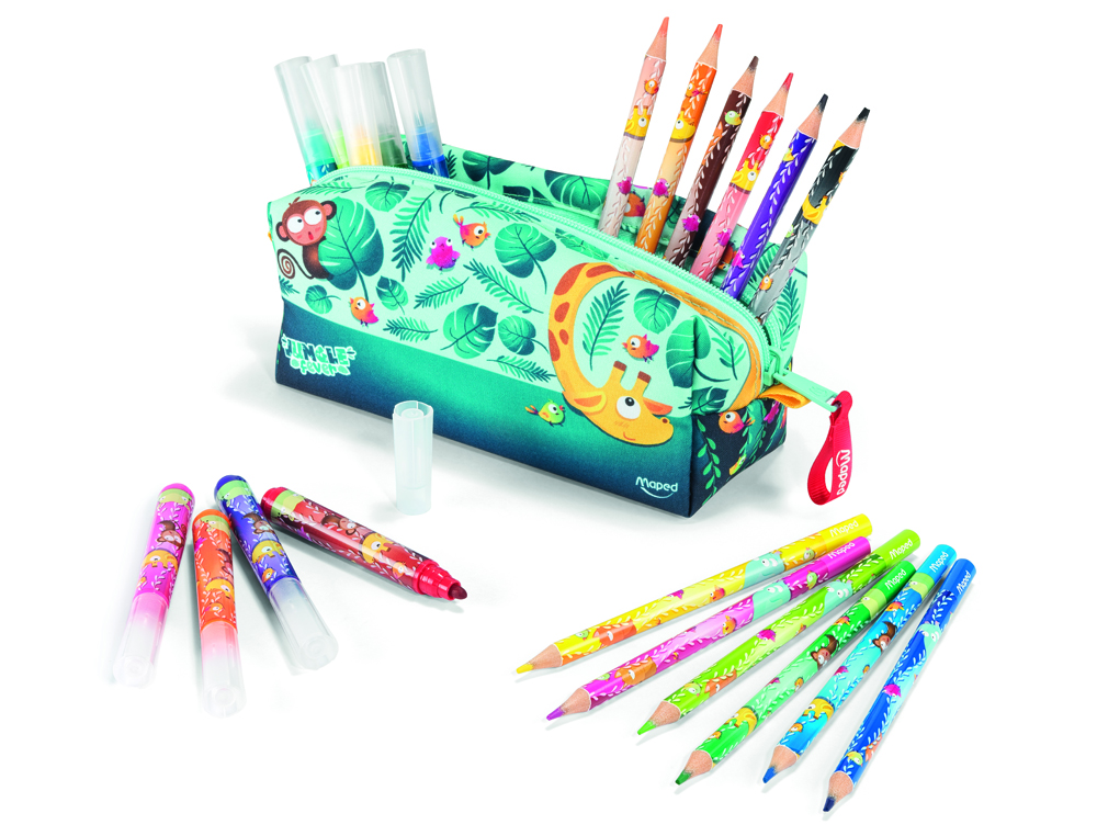 BOLSO ESCOLAR PORTATODO MAPED UNGLE FEVER CON 12 ROTULADORES COLORES SURTIDOS + 12 LAPICES DE COLORES