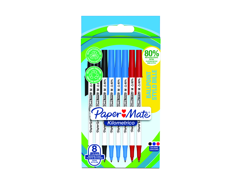 BOLIGRAFO PAPER MATE KILOMETRICO PUNTA 1 MM PLASTICO RECICLADO 80% BLISTER DE 3 NEGROS / 3