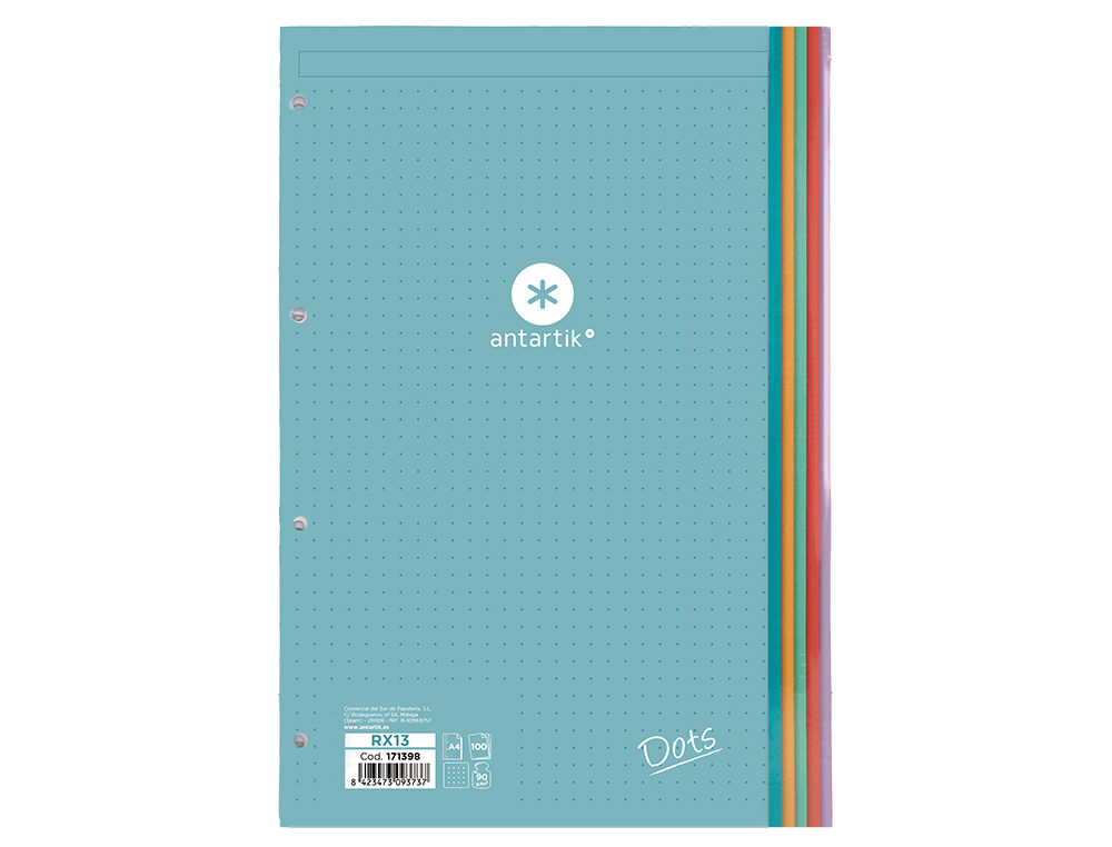 RECAMBIO ANTARTIK A4 100 HOJAS 90G/M2 PUNTOS DOTS 4 TALADROS BANDAS DE 5 COLORES