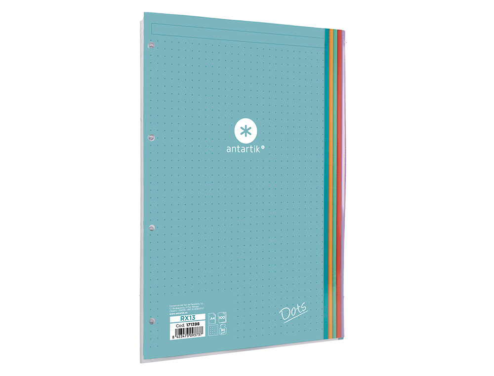 RECAMBIO ANTARTIK A4 100 HOJAS 90G/M2 PUNTOS DOTS 4 TALADROS BANDAS DE 5 COLORES