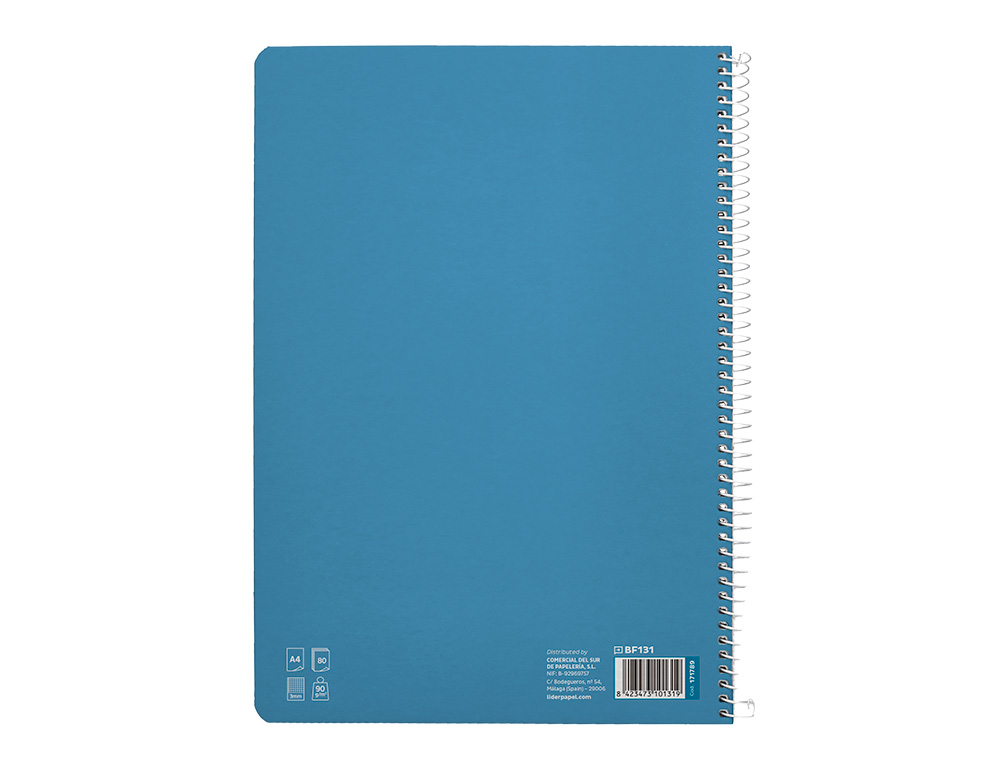 CUADERNO ESPIRAL LIDERPAPEL DIN A4 PAUTAGUIA TAPA DURA 80H 90 GR CUADRO PAUTADO 3MM COLOR AZUL