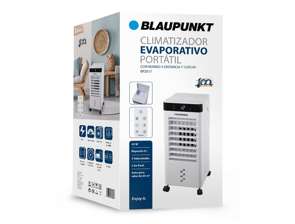 CLIMATIZADOR EVAPORATIVO BLAUPUNKT 65W DEPOSITO 8L 3 VELOCIDADES HASTA 20 M2 CON RUEDAS Y MANDO COLOR BLANCO