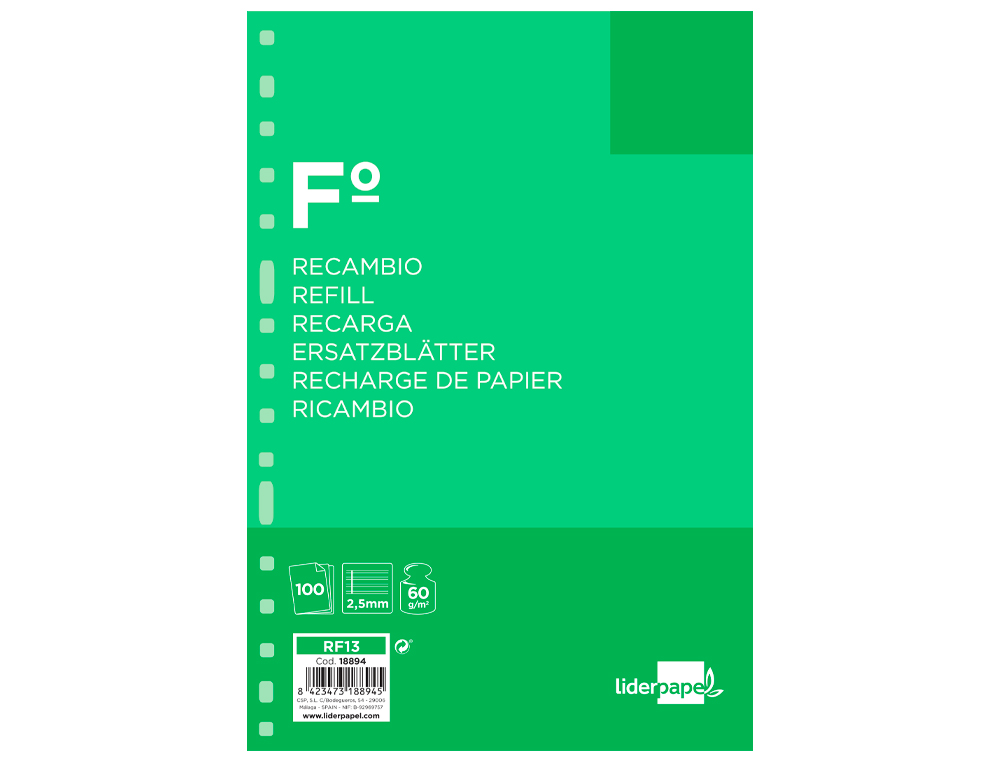 RECAMBIO LIDERPAPEL FOLIO 100 HOJAS 60GR PAUTA 5ª 2.5MM CON MARGEN 16 TALADROS