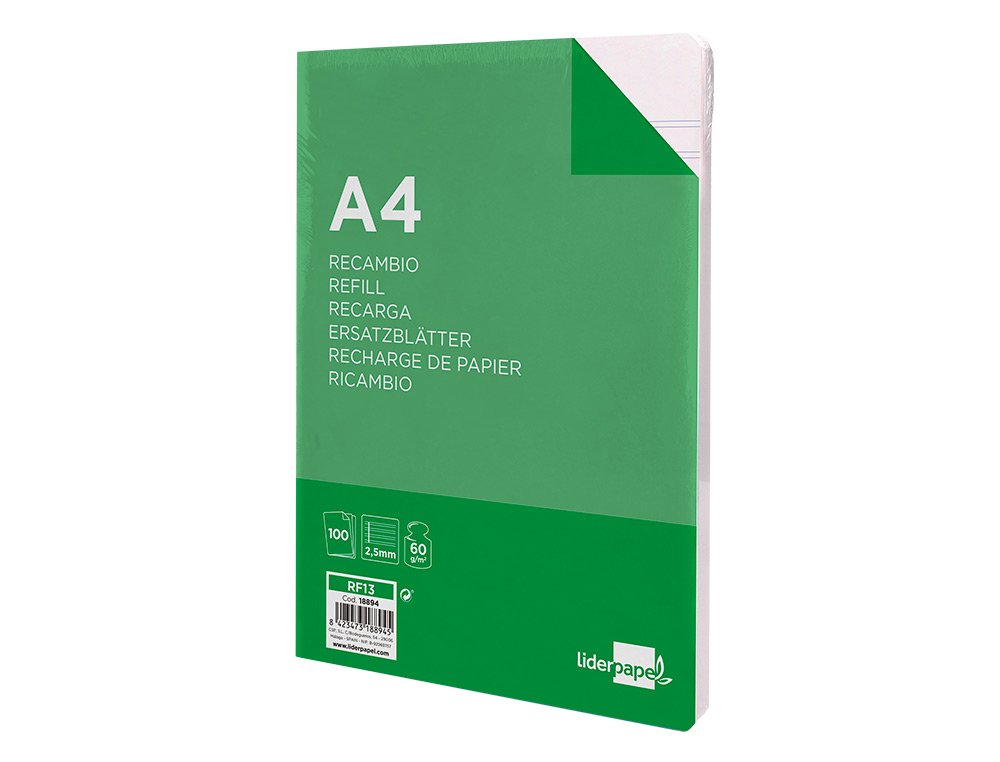 RECAMBIO LIDERPAPEL FOLIO 100 HOJAS 60GR PAUTA 5ª 2.5MM CON MARGEN 16 TALADROS