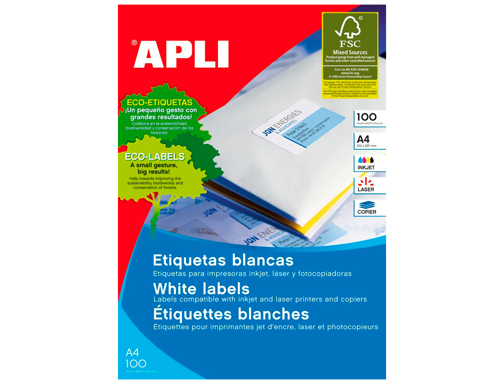 ETIQUETA ADHESIVA APLI 1263 TAMAO 64,6X33,8 MM FOTOCOPIADORA LASER INK-JET CAJA CON 100 HOJAS DIN A4