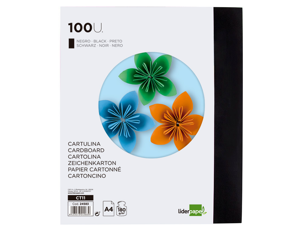 CARTULINA LIDERPAPEL A4 180G/M2 NEGRO PAQUETE DE 100 HOJAS