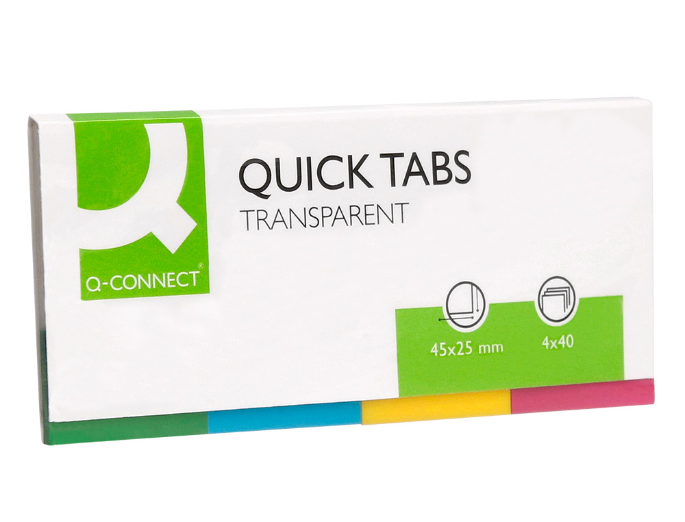 BANDERITAS SEPARADORAS Q-CONNECT 25X45 MM TRANSPARENTES Y COLOR PACK DE 4 CON 40 HOJAS