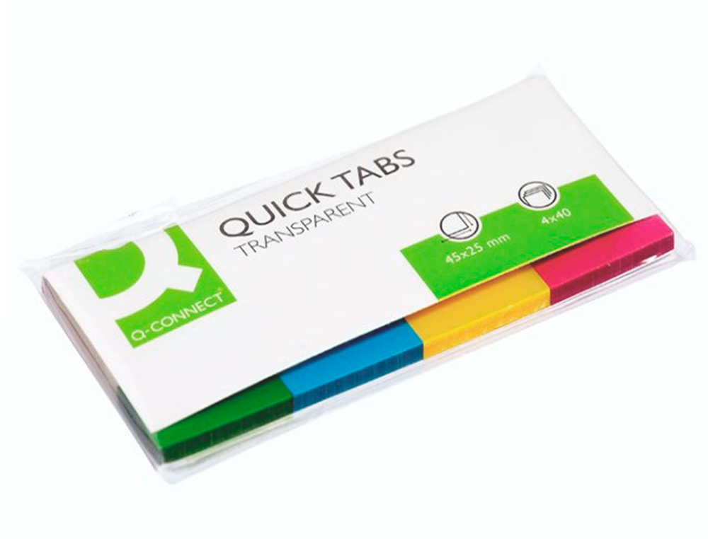 BANDERITAS SEPARADORAS Q-CONNECT 25X45 MM TRANSPARENTES Y COLOR PACK DE 4 CON 40 HOJAS