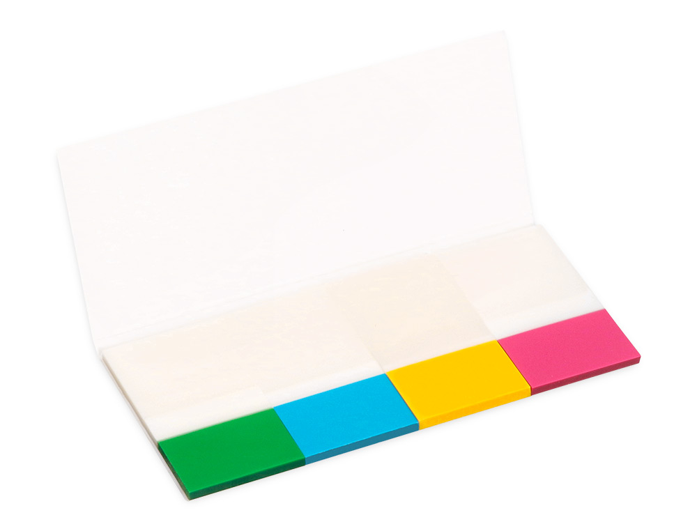 BANDERITAS SEPARADORAS Q-CONNECT 25X45 MM TRANSPARENTES Y COLOR PACK DE 4 CON 40 HOJAS