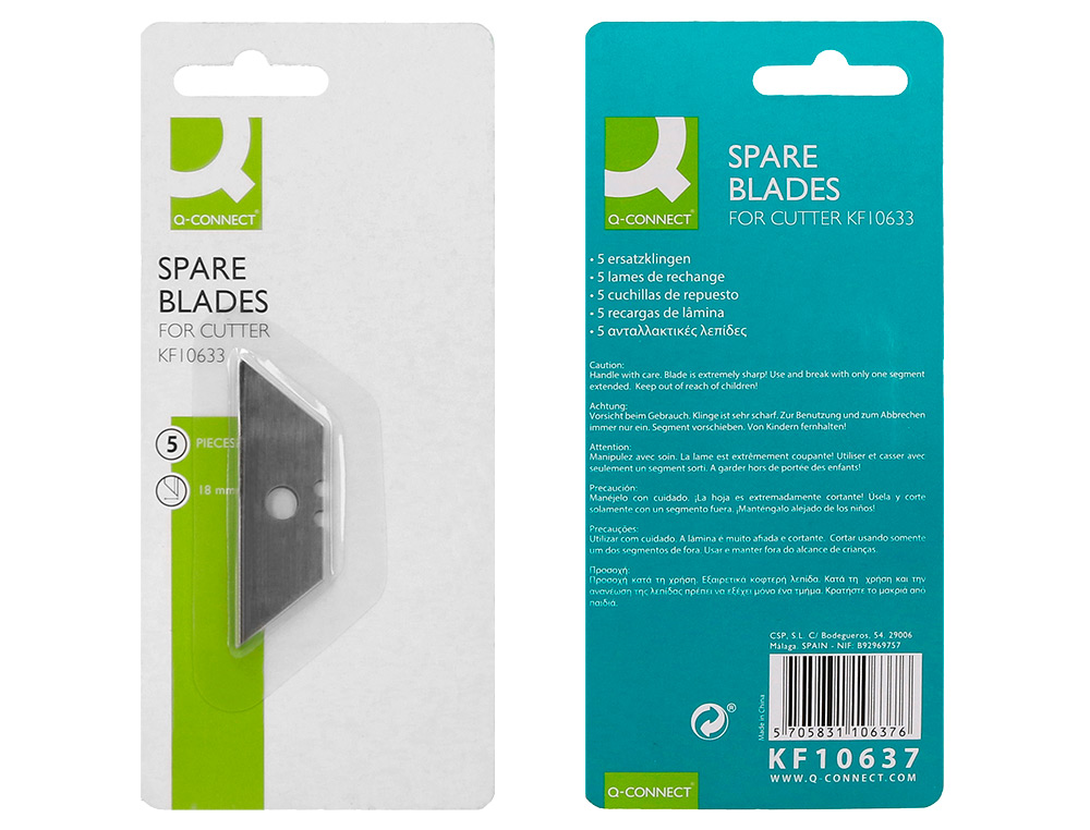 REPUESTO CUTER Q-CONNECT ANCHO PARA MODELOS KF10633/KF14624 CUCHILLA 18 MM BLISTER 5 UNIDADES