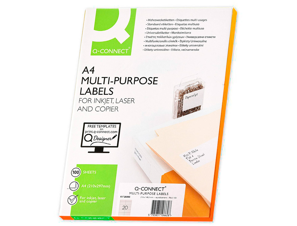 ETIQUETA ADHESIVA Q-CONNECT KF26093 TAMAO 105X29 MM FOTOCOPIADORA LASER INK-JET CAJA 100 H DIN A4 ESP.HACIENDA