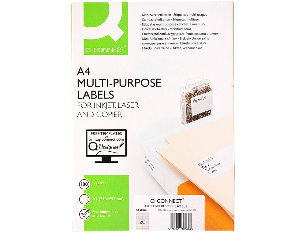 ETIQUETA ADHESIVA Q-CONNECT KF26093 TAMAO 105X29 MM FOTOCOPIADORA LASER INK-JET CAJA 100 H DIN A4 ESP.HACIENDA