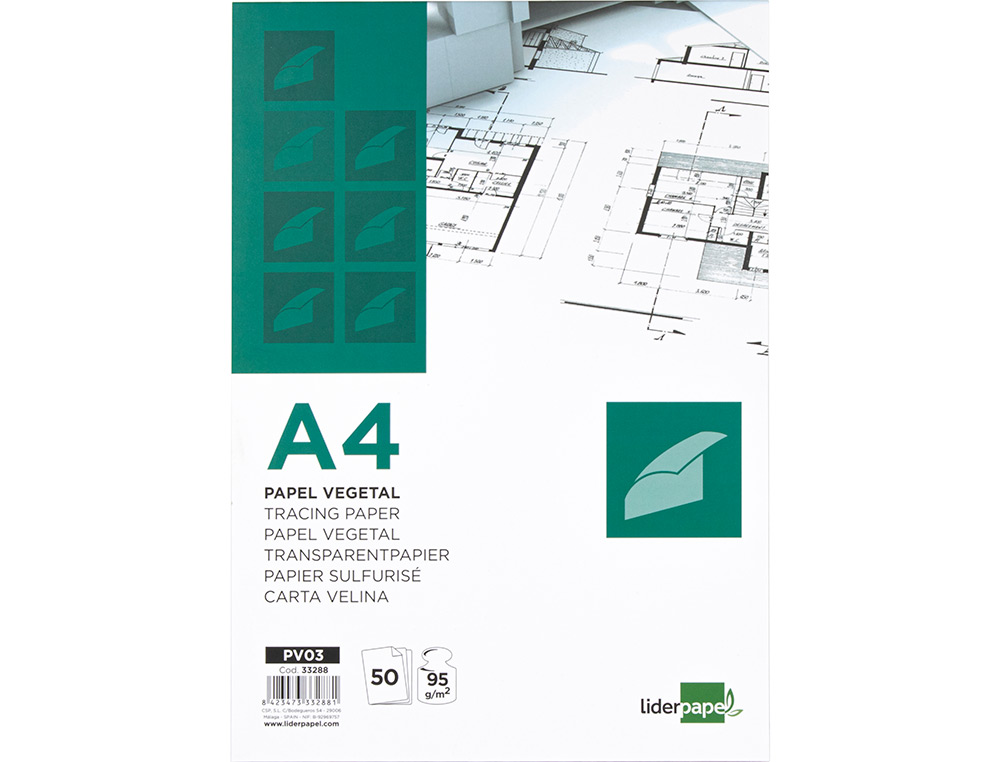 BLOC PAPEL VEGETAL LIDERPAPEL ENCOLADO 210X297MM 50 HOJAS 95G/M2
