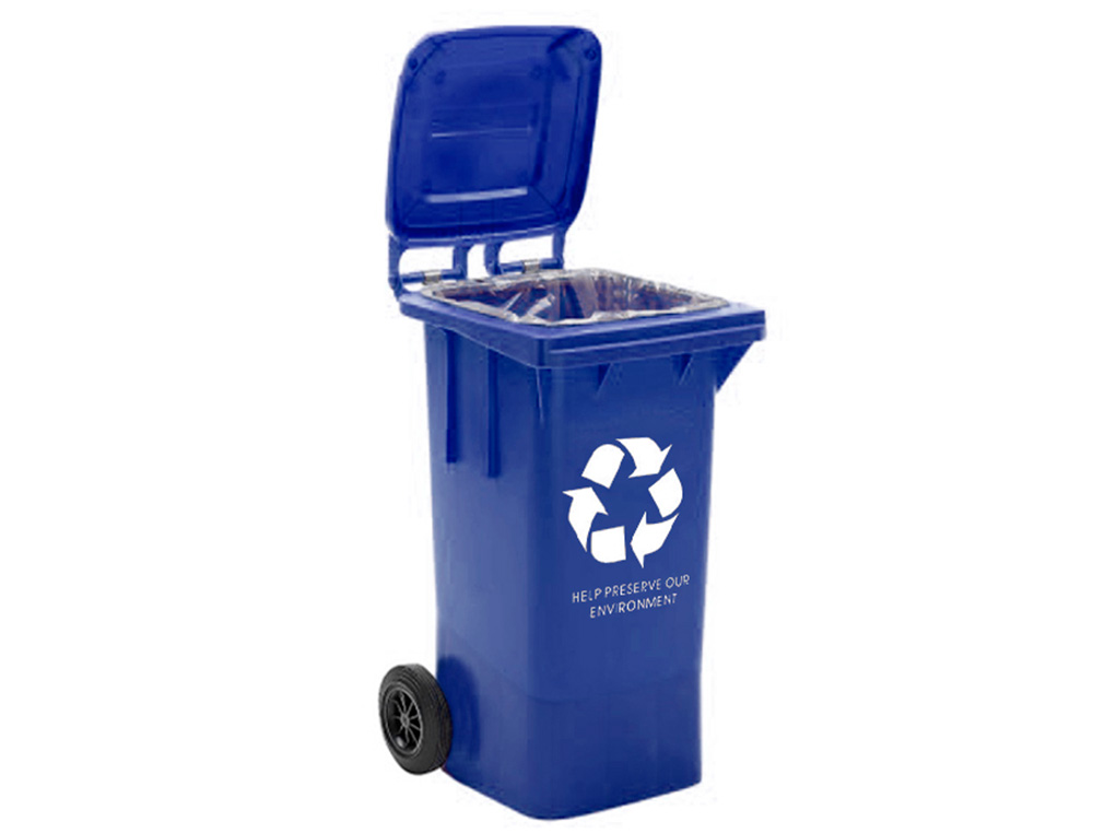PAPELERA CONTENEDOR Q-CONNECT PLASTICO CON TAPADERA 100L COLOR AZUL 800X510X525 MM CON RUEDAS