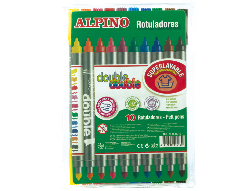 ROTULADOR ALPINO DOUBLE DOUBLE PUNTA GRUESA Y PUNTA FINA CAJA DE 10+2 UNIDADES COLORES SURTIDOS