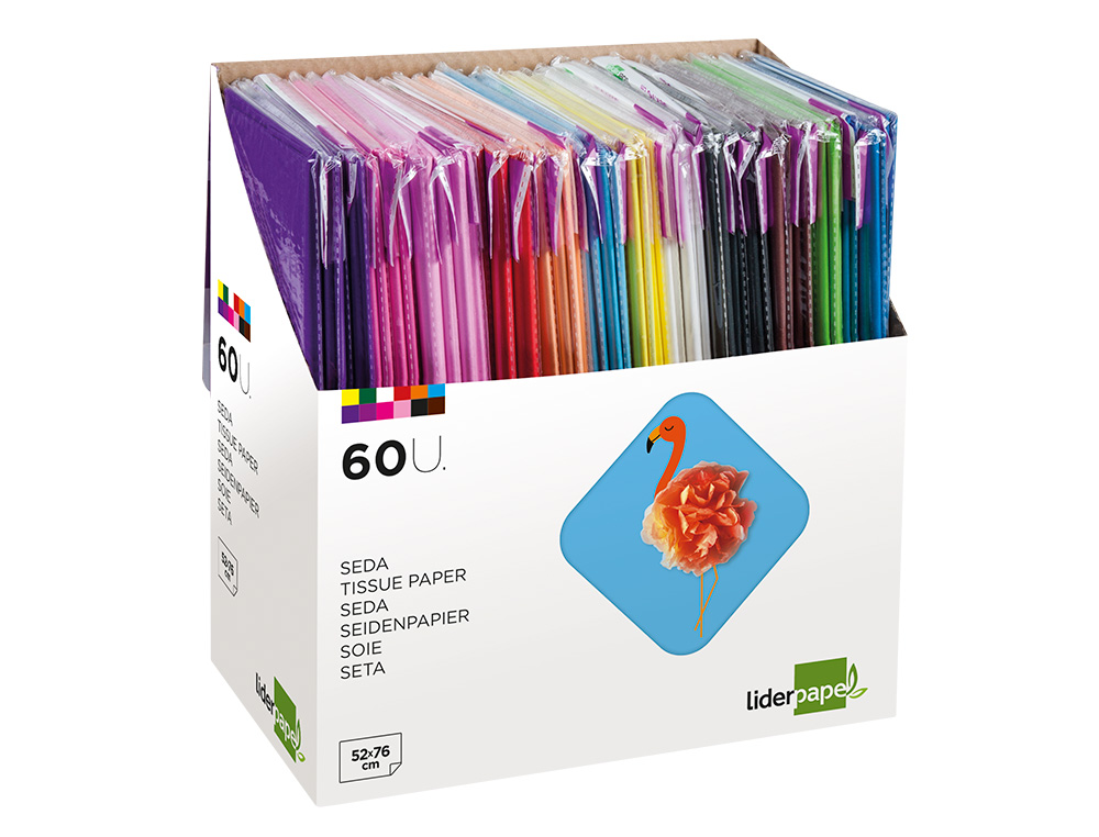 PAPEL SEDA LIDERPAPEL 52X76 CM EXPOSITOR 60 BOLSAS DE 5 HOJAS 12 COLORES SURTIDOS