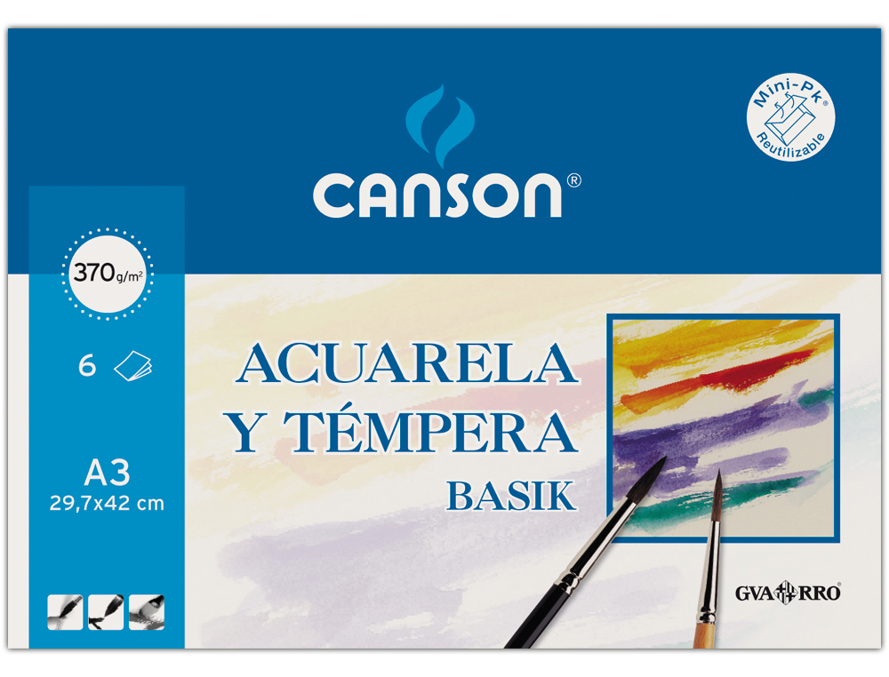PAPEL ACUARELA BASIK CANSON DIN A3 370 GR PACK DE 6 HOJAS
