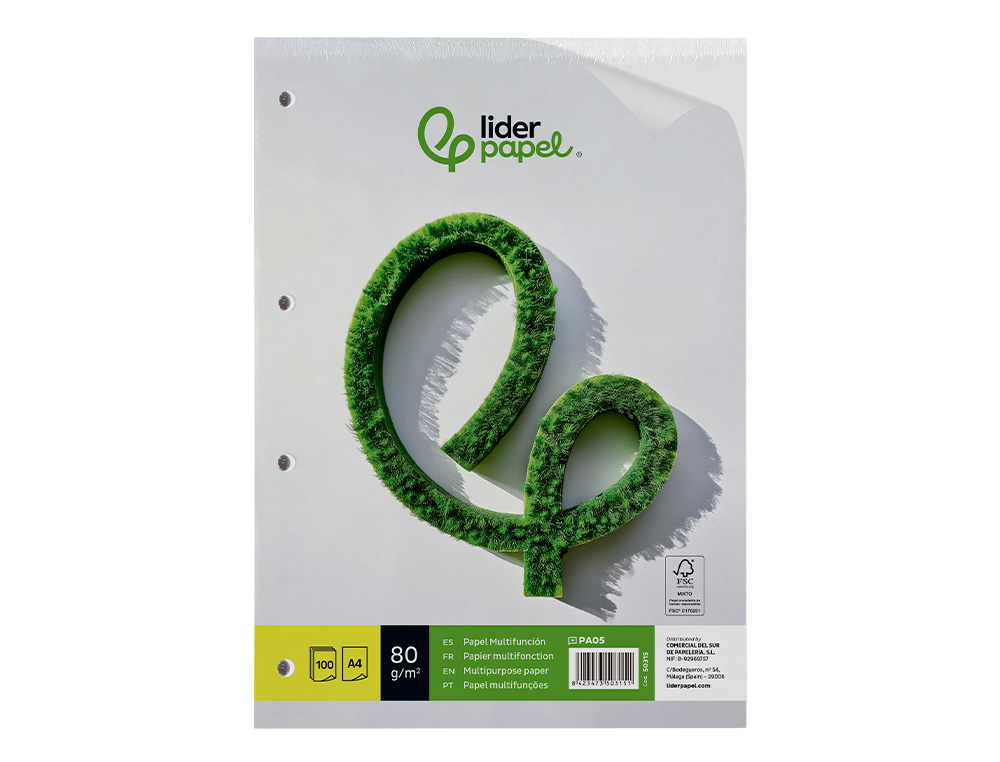 PAPEL LIDERPAPEL A4 80G/M2 LISO 4 TALADROS PAQUETE DE 100 HOJAS