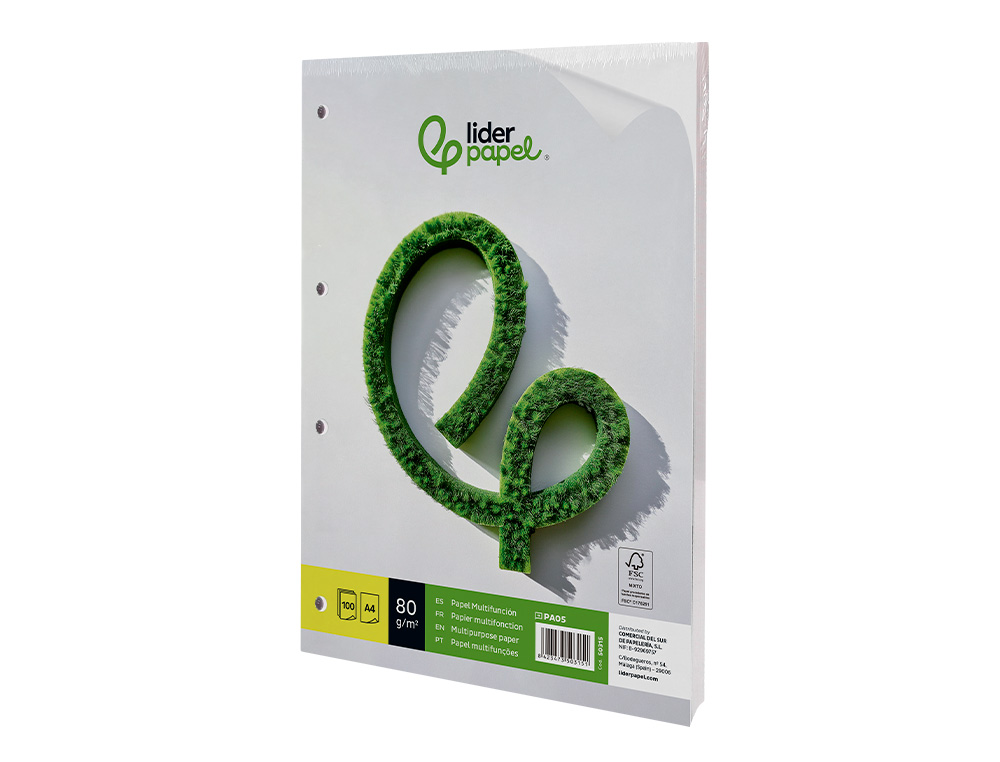 PAPEL LIDERPAPEL A4 80G/M2 LISO 4 TALADROS PAQUETE DE 100 HOJAS