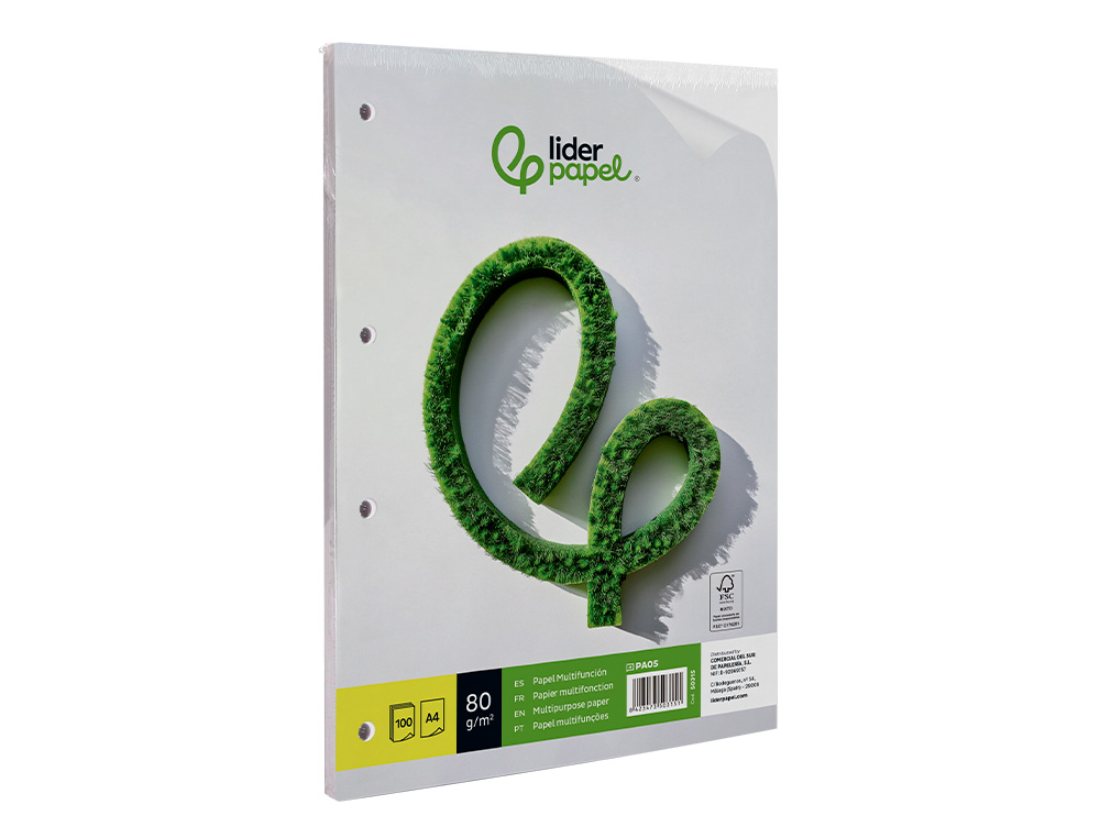 PAPEL LIDERPAPEL A4 80G/M2 LISO 4 TALADROS PAQUETE DE 100 HOJAS