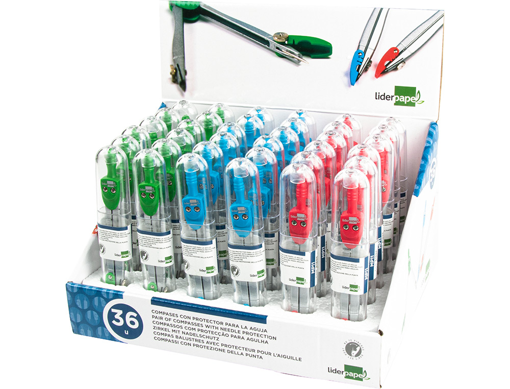 COMPAS LIDERPAPEL CON PROTECTOR DE PUNTA COLORES SURTIDOS