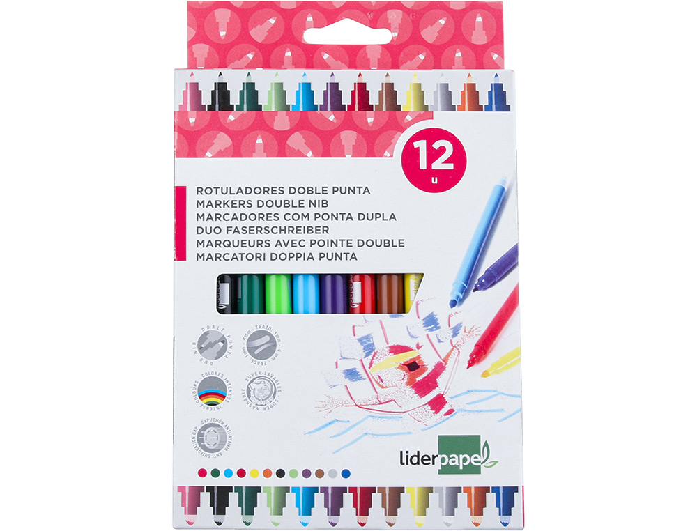 ROTULADOR LIDERPAPEL DUO DOBLE PUNTA FINA Y GRUESA CAJA DE 12 UNIDADES COLORES SURTIDOS