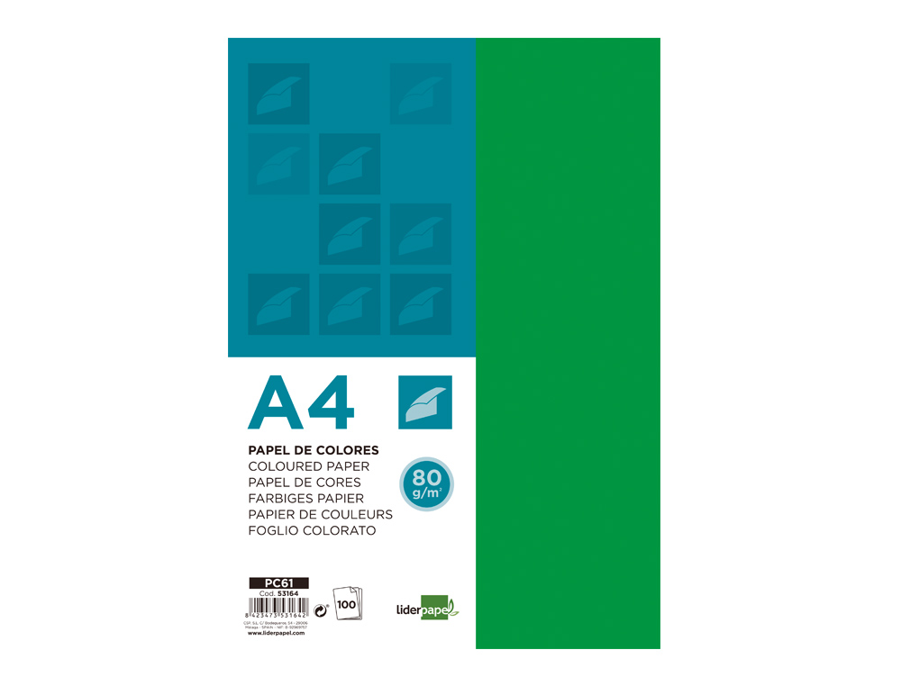 PAPEL COLOR LIDERPAPEL A4 80GR VERDE INTENSO PAQUETE DE 100 HOJAS
