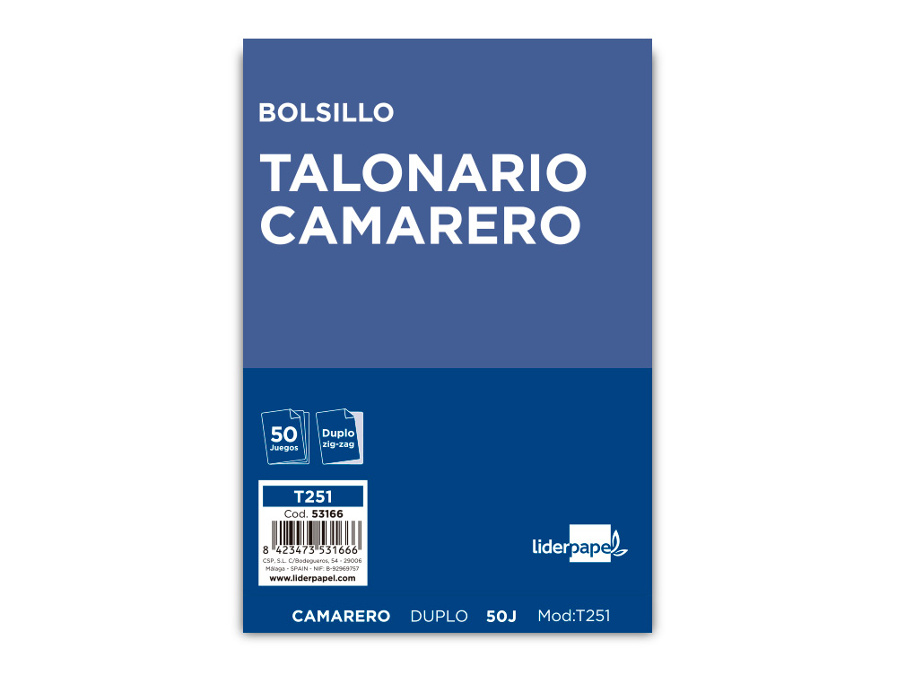 TALONARIO LIDERPAPEL CAMARERO BOLSILLO ORIGINAL Y COPIA T251 ZIG ZAG