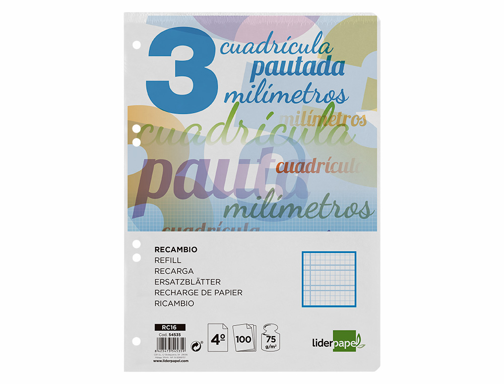 RECAMBIO LIDERPAPEL A5 PAUTAGUIA 100 HOJAS 75GR CUADRICULADO PAUTADO 3MM CON MARGEN 6 TALADROS