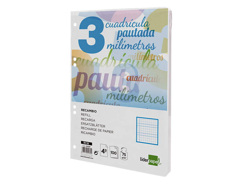 RECAMBIO LIDERPAPEL A5 PAUTAGUIA 100 HOJAS 75GR CUADRICULADO PAUTADO 3MM CON MARGEN 6 TALADROS