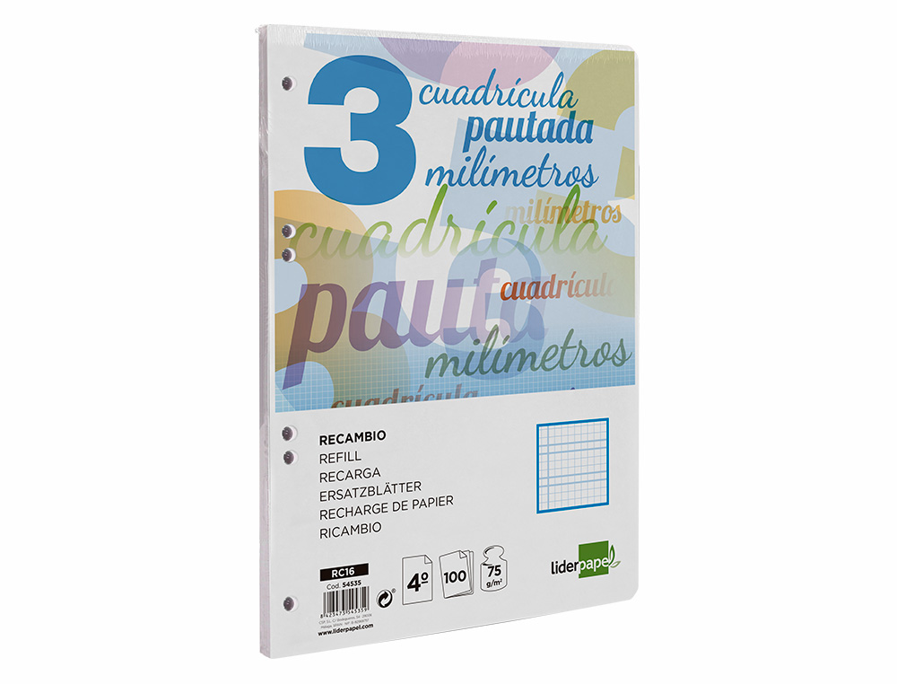 RECAMBIO LIDERPAPEL A5 PAUTAGUIA 100 HOJAS 75GR CUADRICULADO PAUTADO 3MM CON MARGEN 6 TALADROS